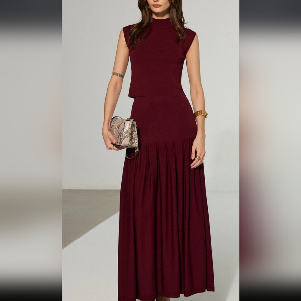 NWT Commense Mock Neck Sleeveless Top and Pleated Midi Skirt Set Red Burgundy S - Picture 3 of 6
